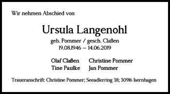 Traueranzeige von Ursula Langenohl von Helmstedter Nachrichten