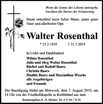 Traueranzeige von Walter Rosenthal von Wolfsburger Nachrichten