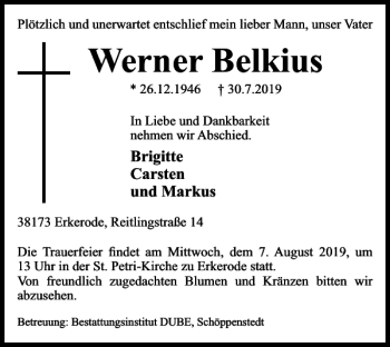 Traueranzeige von Werner Belkius von Wolfenbütteler Zeitung