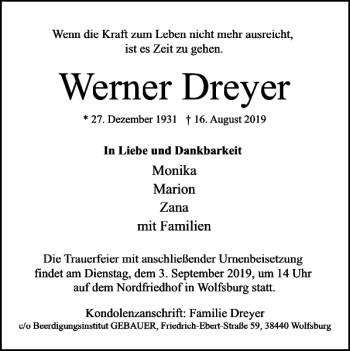 Traueranzeige von Werner Dreyer von Wolfsburger Nachrichten