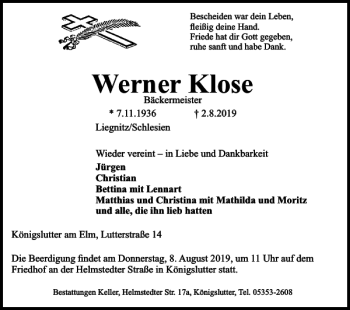 Traueranzeige von Werner Klose von Helmstedter Nachrichten