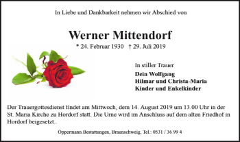 Traueranzeige von Werner Mittendorf von Braunschweiger Zeitung