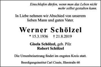 Traueranzeige von Werner Schölzel von Braunschweiger Zeitung