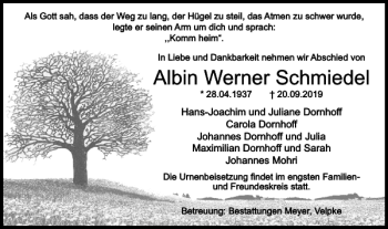 Traueranzeige von Albin Werner Schmiedel von Wolfsburger Nachrichten