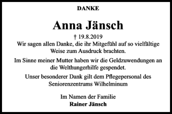 Traueranzeige von Anna Jänsch von Braunschweiger Zeitung