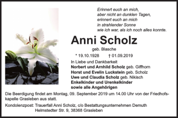 Traueranzeige von Anni Scholz von Helmstedter Nachrichten