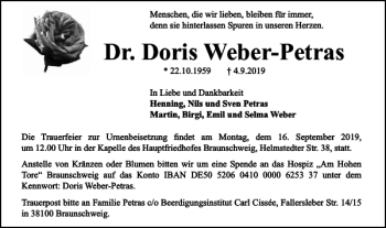 Traueranzeige von Dr. Doris Weber-Petras von Braunschweiger Zeitung