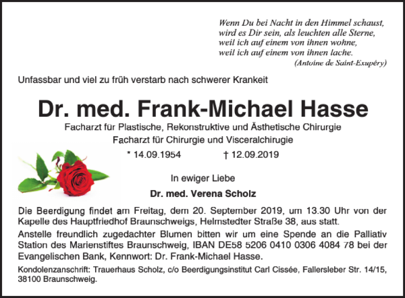  Traueranzeige für Dr. med. Frank-Michael Hasse vom 14.09.2019 aus Braunschweiger Zeitung