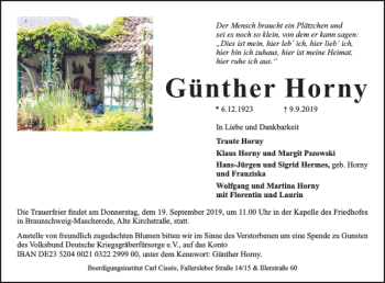 Traueranzeige von Günther Horny von Braunschweiger Zeitung