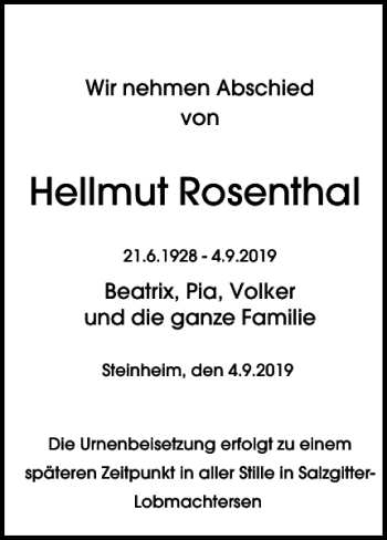 Traueranzeige von Hellmut Rosenthal von Salzgitter Zeitung