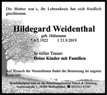 Traueranzeige von Hildegard Weidenthal von Wolfenbütteler Zeitung