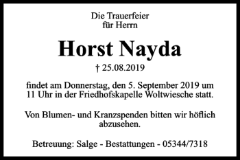 Traueranzeige von Horst Nayda von Peiner Nachrichten