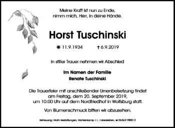 Traueranzeige von Horst Tuschinski von Wolfsburger Nachrichten