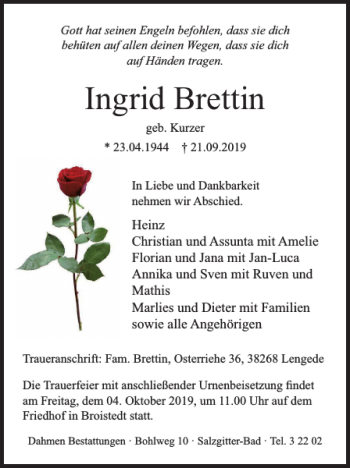 Traueranzeige von Ingrid Brettin von Peiner Nachrichten
