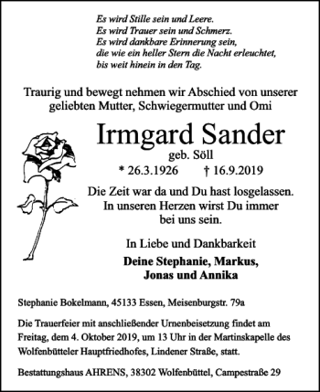 Traueranzeige von Irmgard Sander von Braunschweiger Zeitung
