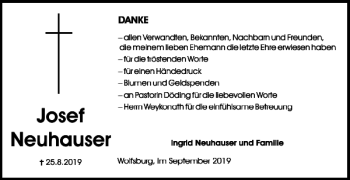 Traueranzeige von Josef Neuhauser von Wolfsburger Nachrichten