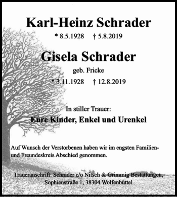 Traueranzeige von Karl-Heinz Schrader Gisela Schrader von Wolfenbütteler Zeitung