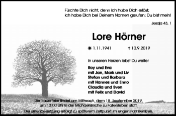 Traueranzeige von Lore Hörner von Wolfsburger Nachrichten