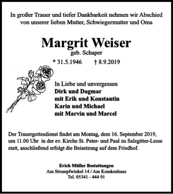 Traueranzeige von Margrit Weiser von Salzgitter Zeitung