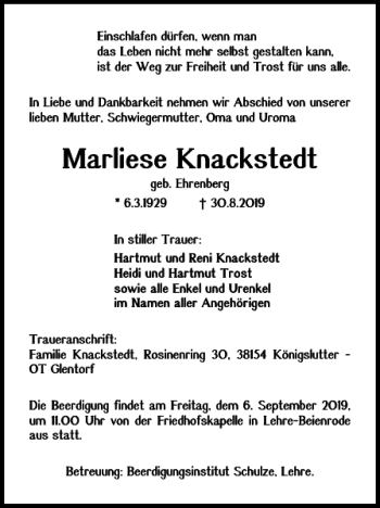 Traueranzeige von Marliese Knackstedt von Helmstedter Nachrichten
