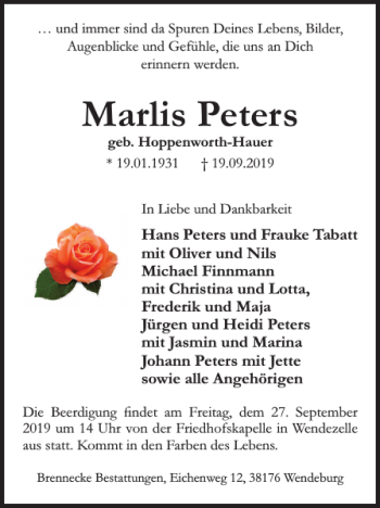 Traueranzeige von Marlis Peters von Braunschweiger Zeitung