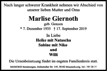 Traueranzeige von Marlise Giernoth von Braunschweiger Zeitung
