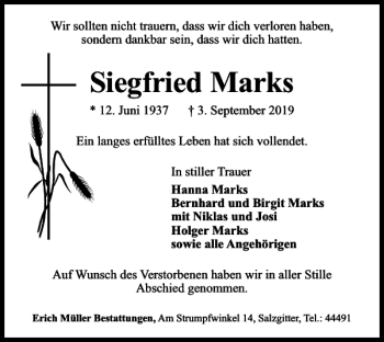 Traueranzeige von Siegfried Marks von Salzgitter Zeitung