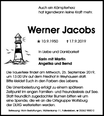 Traueranzeige von Werner Jacobs von Wolfsburger Nachrichten