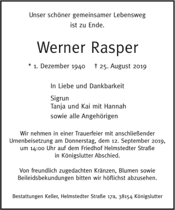 Traueranzeige von Werner Rasper von Helmstedter Nachrichten