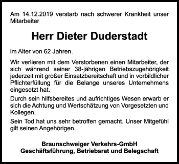Traueranzeige von Dieter Duderstadt von Braunschweiger Zeitung