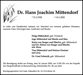 Traueranzeige von Dr. Hans Joachim Mittendorf von Braunschweiger Zeitung