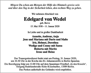 Traueranzeige von Edelgard von Wedel von Wolfsburger Nachrichten
