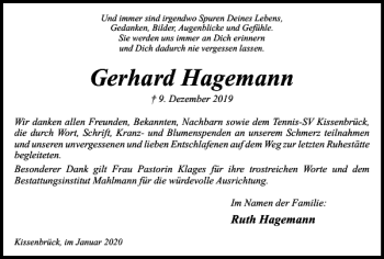 Traueranzeige von Gerhard Hagemann von Wolfenbütteler Zeitung