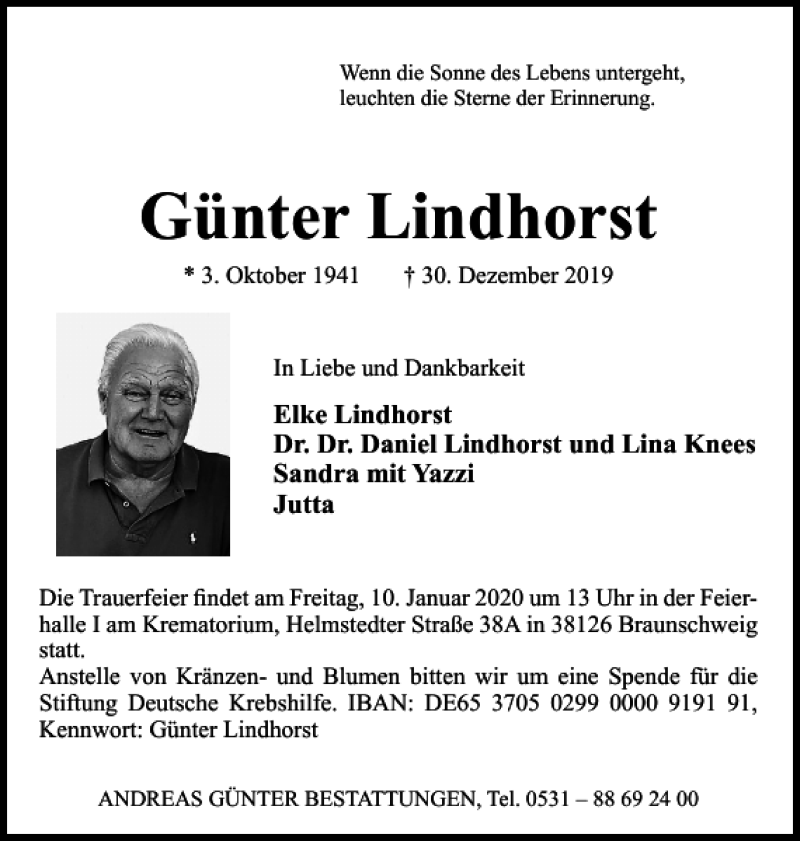  Traueranzeige für Günter Lindhorst vom 04.01.2020 aus Braunschweiger Zeitung
