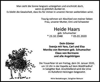 Traueranzeige von Heide Haars von Salzgitter Zeitung
