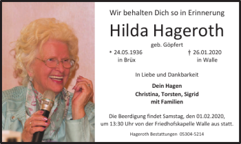 Traueranzeige von Hilda Hageroth von Braunschweiger Zeitung