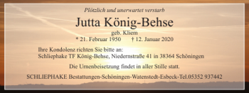 Traueranzeige von Jutta König-Behse von Helmstedter Nachrichten