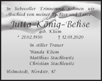 Traueranzeige von Jutta König-Behse von Helmstedter Nachrichten