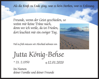 Traueranzeige von Jutta König-Behse von Helmstedter Nachrichten