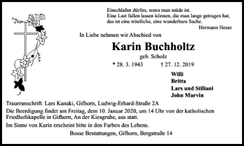 Traueranzeige von Karin Buchholtz von Wolfsburger Nachrichten