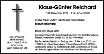 Traueranzeige von Klaus-Günter Reichard von Braunschweiger Zeitung