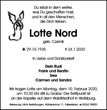 Traueranzeige von Lotte Nord von Wolfsburger Nachrichten