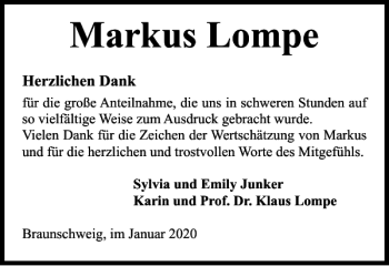 Traueranzeige von Markus Lompe von Braunschweiger Zeitung