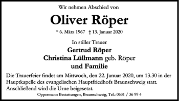 Traueranzeige von Oliver Röper von Braunschweiger Zeitung