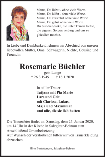 Traueranzeige von Rosemarie Büchler von Salzgitter Zeitung