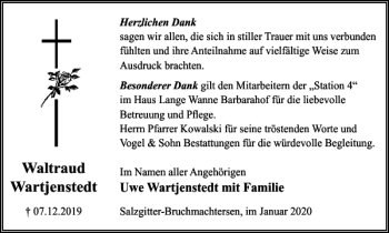 Traueranzeige von Waltraud Wartjenstedt von Salzgitter Zeitung