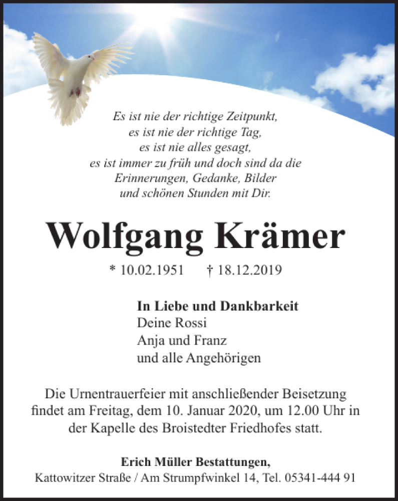  Traueranzeige für Wolfgang Krämer vom 02.01.2020 aus Salzgitter Zeitung