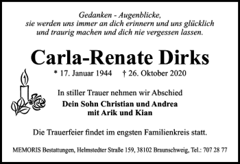 Traueranzeige von Carla-Renate Dirks von Braunschweiger Zeitung