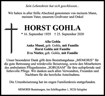 Traueranzeige von HORST GOHLA von Salzgitter Zeitung