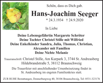 Traueranzeige von Hans-Joachim Seeger von Braunschweiger Zeitung
